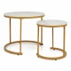 Set of 2 modern round nesting coffee tables with golden frames and marble tops, ideal for living room or bedroom use.