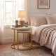 Modern round stacking nesting coffee tables in golden finish, perfect for living room or bedroom use, showcasing.