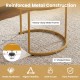 Close-up of the C-shaped base of the golden nesting coffee table set, showcasing its sturdy metal frame and adjustable.