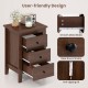 Walnut nightstand with three sliding drawers, sleek round knobs, and anti-tipping kit for versatile storage solutions.