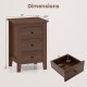 Walnut nightstand with dimensions displayed, featuring three drawers and a space-saving design for versatile room.