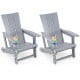 Set of 2 gray Adirondack chairs with cup holders, made from all-weather HDPE plastic for outdoor patio use.