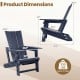 Product dimensions of the blue outdoor Adirondack chairs with cup holder, featuring a curved backrest and wide armrests.