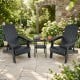 Two black outdoor folding Adirondack chairs with cup holders and adjustable backrests, perfect for backyard relaxation.