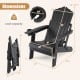 Folding Adirondack chair in black with adjustable backrest, cup holder, and contoured seat for outdoor comfort.
