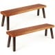 Set of 2 patio acacia wood dining benches with solid steel legs, perfect for outdoor use and easy to clean.