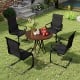 Set of 2 black patio chairs with breathable fabric and curved armrests, perfect for backyard relaxation.