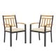 Set of 2 patio dining chairs with acacia wood armrests, removable cushions, and sturdy metal frame for outdoor comfort.