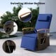 Swiveling wicker recliner chair with navy cushion, adjustable backrest, and foldable side table for outdoor relaxation.