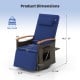 Product dimensions of the navy blue patio rattan swivel recliner chair with adjustable backrest and footrest.