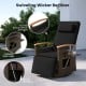 Swiveling rattan recliner chair with adjustable backrest, black cushion, and foldable side table for outdoor relaxation.