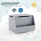 Gray wooden mobile toy storage organizer with bookshelf and lockable wheels, ideal for kids' toys and books.
