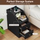 Black side end table featuring a charging station, open compartment, and 2 drawers for organized storage beside a sofa.