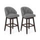 Set of 2 gray swivel bar stools with rubber wood legs, padded backrest, and stylish rivets for kitchen or pub use.