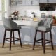 Set of 2 gray swivel bar stools with rubber wood legs and padded backrest, ideal for kitchen islands or cafes.