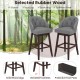 Set of 2 gray swivel bar stools with rubber wood legs, padded backrest, and elevated footrests for kitchen or pub use.