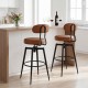 Set of 2 brown swivel barstools with padded seats and backs, ideal for kitchen or pub use.