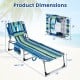 Portable turquoise tanning chair with adjustable backrest, shown in dimensions and folded position for easy transport.