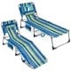 Set of 2 portable tanning chairs in turquoise with adjustable backrests, perfect for beach or poolside relaxation.