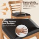 Curved backrest and padded seat cushion of a brown wooden dining chair, ideal for restaurants and cafes.
