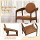 Brown wooden dining chair with PU leather upholstery, featuring a wide seat and integrated curved backrest for comfort.