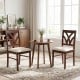 Set of 2 brown wooden dining chairs with upholstered padded seats and hollowed backrests, ideal for dining rooms.