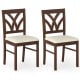 Set of 2 brown wooden dining chairs with upholstered padded seats and hollowed backrests, perfect for kitchen or dining.