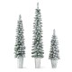 Set of 3 pre-lit snow flocked artificial Christmas trees in metal pots, featuring warm white LED lights and 423 branch.