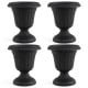 Set of 4 black vintage planters with pedestal base, 18 inches tall, ideal for indoor and outdoor plant display.