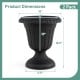 Product dimensions for the 18-inch tall black vintage planter with pedestal base, showcasing its elegant urn shape.