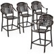 Set of 4 copper cast aluminum outdoor bar stools with ergonomic design and hollow-out detail for patio or poolside use.