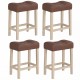 Set of 4 upholstered counter height bar stools with curved saddle seats in brown, perfect for kitchen or bar use.