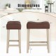 Upholstered counter height bar stools with curved saddle seats, featuring a natural rubber wood frame and plush.