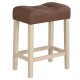 Upholstered counter height bar stool with curved saddle seat, brown cushion, and natural rubber wood frame for.