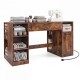 Sewing table in rustic brown with power outlets, featuring open compartments and two drawers for organized crafting storage.