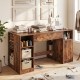 Sewing table in rustic brown with spacious tabletop, two drawers, and open compartments for organized crafting storage.