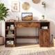 Sewing table in rustic brown with spacious tabletop, 2 drawers, open compartments, and power outlets for crafting and organization.