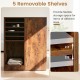 Sewing table in rustic brown with 5 removable shelves, 2 drawers, and power outlets for organized crafting and charging.