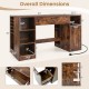 Sewing table in rustic brown with power outlets, featuring spacious tabletop, 2 drawers, and open compartments for storage.