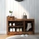 Entryway storage shoe bench in rustic brown with 1 drawer, 3 open compartments, and padded cushion for comfortable.