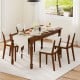 Walnut dining table set with four Sherpa dining chairs featuring rubber wood legs, perfect for elegant dining rooms.