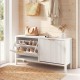 Narrow white shoe storage bench with two flip drawers and elegant fluted doors, perfect for entryways and hallways.