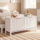 Narrow white shoe storage bench with elegant fluted doors and two flip drawers, perfect for entryways and bedrooms.