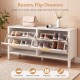 Shoe storage bench with two flip drawers in white, featuring adjustable shelves for organized footwear in entryways.