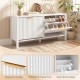 Narrow white shoe storage bench with fluted doors, two flip drawers, and adjustable shelves for organized entryway.