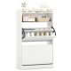 Shoe storage cabinet in white with 2 flip drawers, adjustable shelves, and top shelf for entryway or living room use.