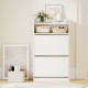 Shoe storage cabinet in white with 2 flip drawers and adjustable shelves, perfect for entryway or hallway organization.