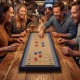 Portable 2-in-1 shuffleboard and curling game on a wooden table, perfect for family game nights and easy transport.