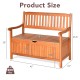 33-gallon wooden storage bench with a flip-top lid, natural teak color, dimensions for patio or garden use.