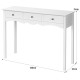 White side sofa table with three drawers, made of MDF, featuring vintage metal handles, ideal for hallway or living.